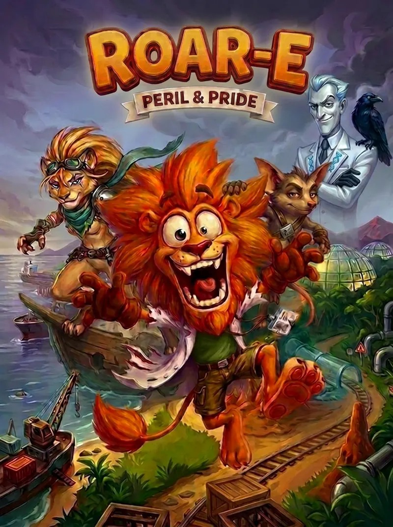 ROAR-E: Peril & Pride key art poster — Rory leaping toward the viewer with Nyra, Kip and Dr. Rook behind him on the island