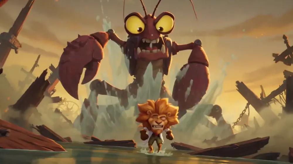 A colossal hermit crab wearing a shipwreck as a shell chases Rory across the water