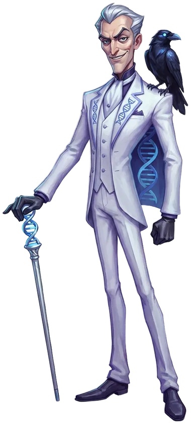 Dr. Cassius Rook: a tall, gaunt man in an immaculate white three-piece suit with DNA-helix embroidery, silver hair, black gloves, a helix-topped cane and a raven on his shoulder