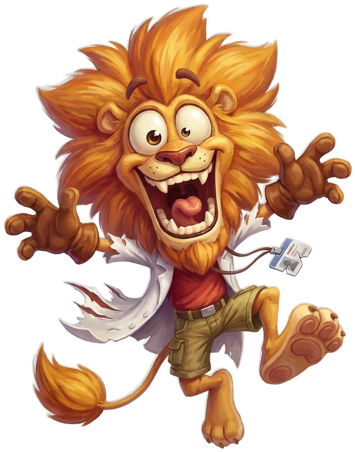 Rory, the lion hero: enormous amber mane, red t-shirt, torn lab coat, leaping straight at you with a huge fanged grin