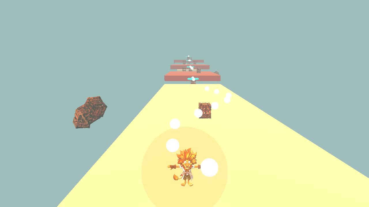 Greybox World 1 level: Rory on a sand-coloured corridor with floating orbs and wooden cages ahead