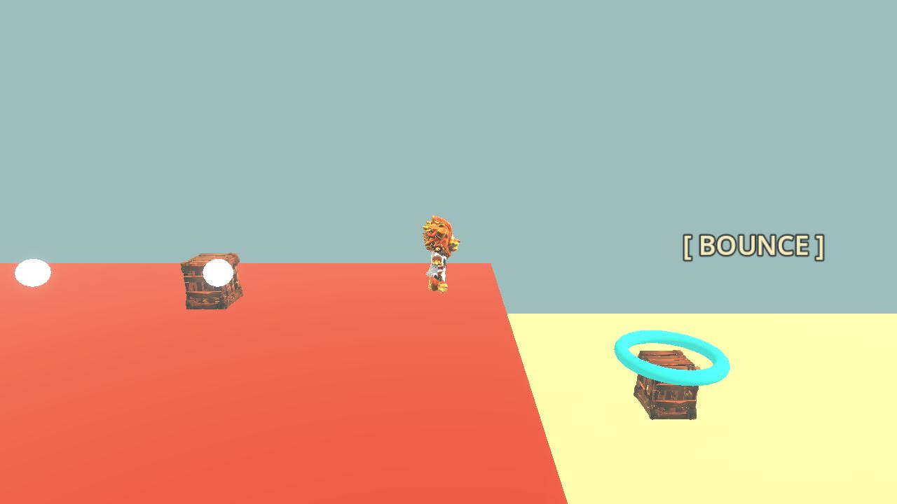 Rory in mid-air above a red platform, a teal bounce ring on a crate ahead and a BOUNCE glyph on screen