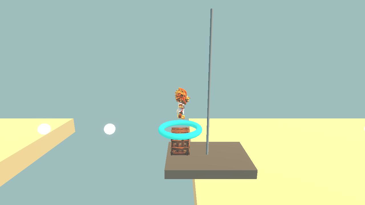 Rory landing on a stacked crate wrapped in a teal bounce ring, on a floating platform