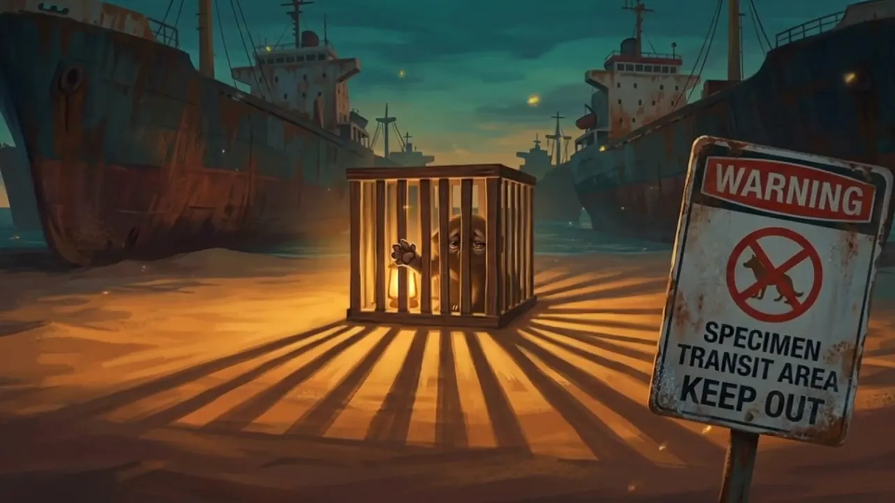 A wooden slat cage on a beach between beached cargo ships, next to a rusted 'Specimen transit area — keep out' warning sign