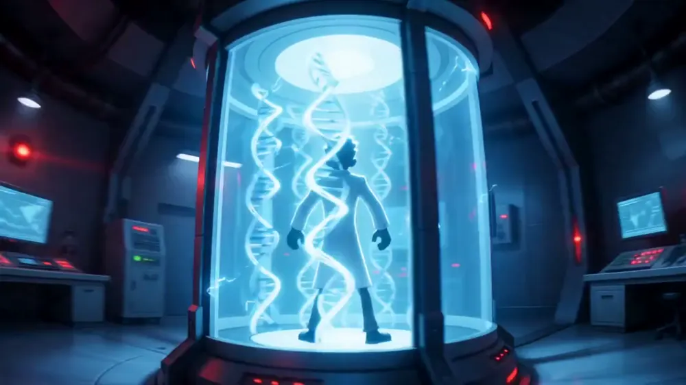 A glowing splice chamber in Dr. Rook's laboratory, a silhouette standing inside it