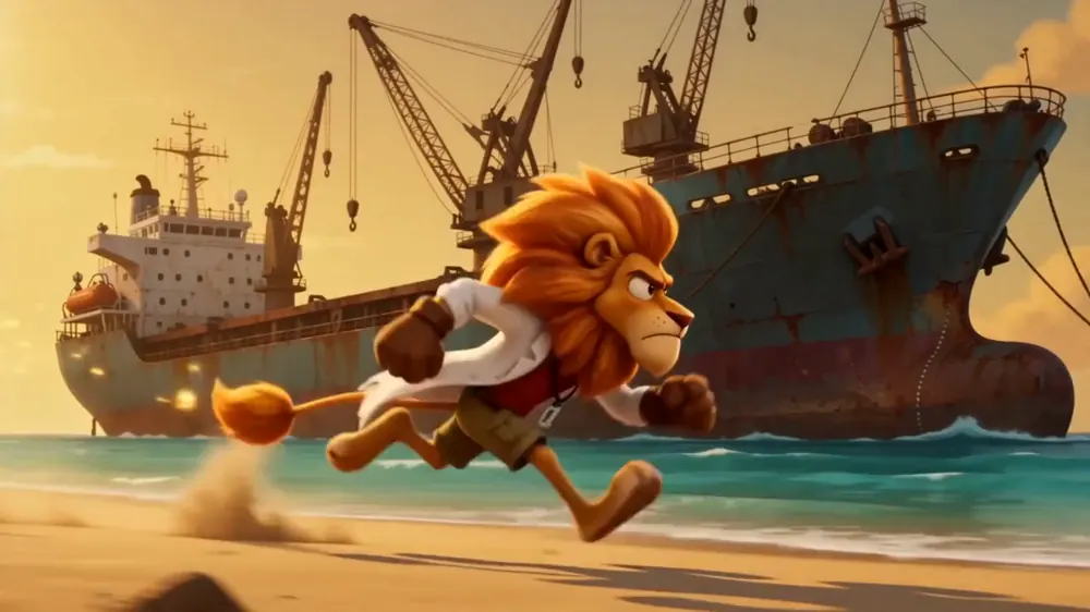 Rory sprinting along a white-sand beach past rusted, beached cargo ships and cranes