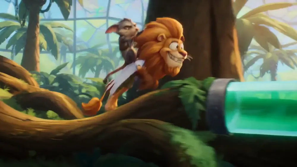 Rory and Kip running along a giant branch inside a glowing jungle greenhouse
