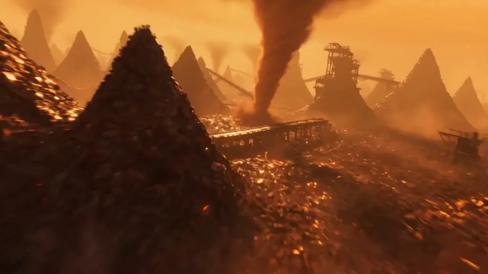 A dust devil tearing across dark scrap flats under a sunset sky