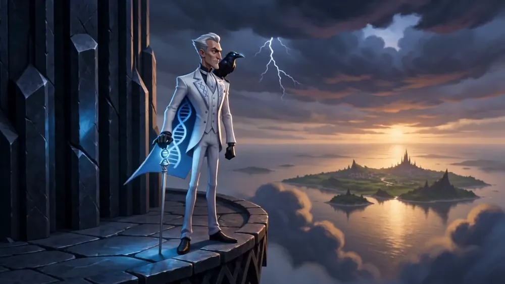 Dr. Rook standing on an obsidian balcony high above the island, raven on his shoulder, storm clouds behind